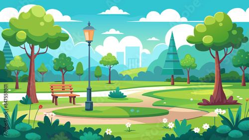 green lawn in the park in summer silhouette illustration