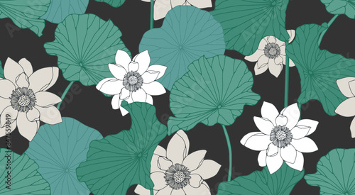 Green summer botanical seamless pattern with green leaves and water lily flowers. Floral print, vector illustration.
