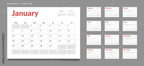 Set of 12 Pages Monthly Calendar Planner Templates on 2025 year. Vector mockup of a wall or desktop calendar with the week start on Monday for print. Pages size A4 -21x29.7cm