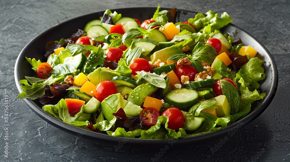 fresh salad in black bowl. variety of greens, including lettuce and spinach, as well as colorful vegetables such as cherry tomatoes, cucumber slices, and what appears to be some yellow bell pepper pie fresh salad in black bowl. variety of greens, including lettuce and spinach, as well as colorful vegetables such as cherry tomatoes, cucumber slices, and what appears to be some yellow bell pepper pie