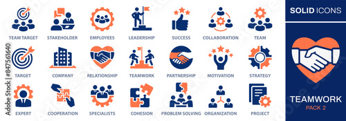 Teamwork icon set. Collection of goal setting, team target, leadership, collaboration and more. Vector illustration. Easily changes to any color.