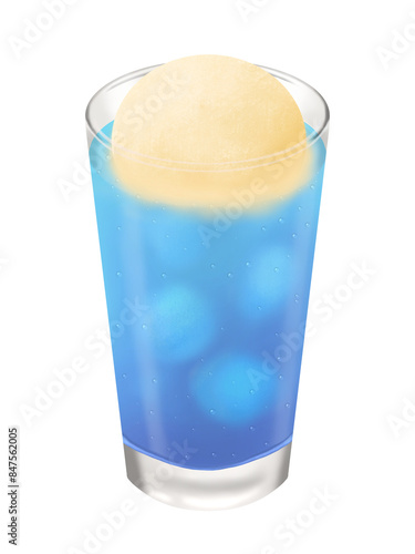 グラスに入った青いクリームソーダ　バニラアイスのせ