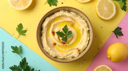 Bowl of hummus lemon and parsley isolated on colorful background