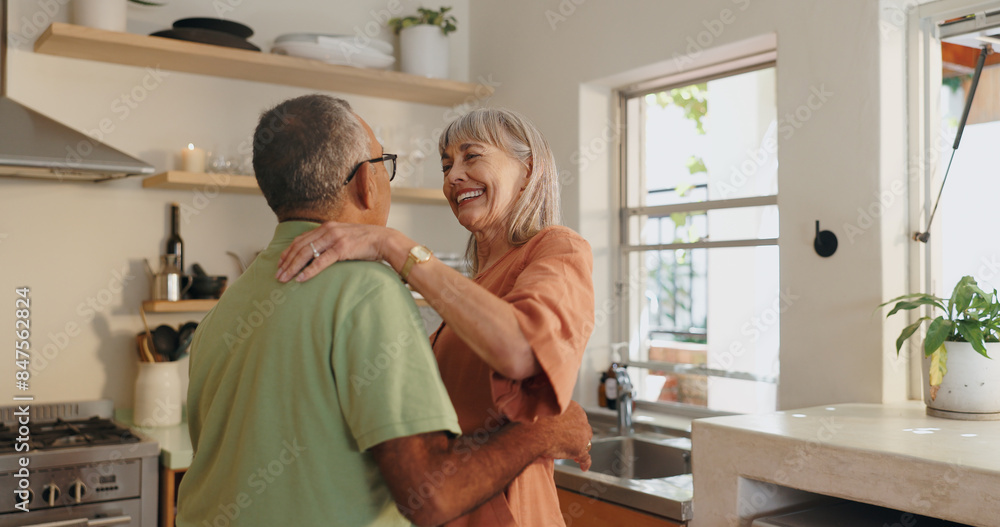 Fototapeta premium Senior couple, love and dancing in kitchen for retirement and healthy relationship with romance. Interracial marriage, old man and woman with dance steps in home for support and happiness together