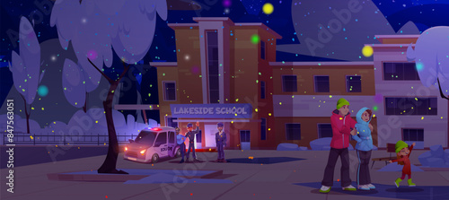 Young family with kid girl standing smiling while police officers putting arrested criminal in car in winter at night. Cartoon city guard and protection concept with cop in uniform and caught outlaw.