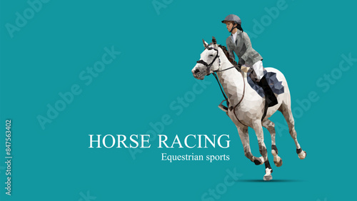 Graphics design drawing polygon style horse racing woman for the race with green gradient background