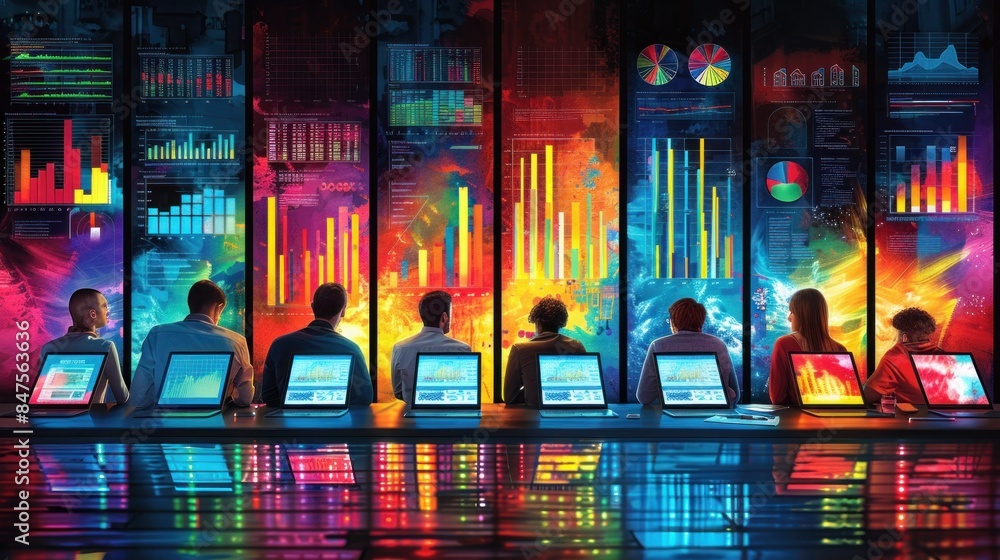 Diverse Team Analyzing Data on Multiple Screens in a Modern Office with Vibrant Graphs and Charts Displayed on Large Monitors Diverse Team Analyzing Data on Multiple Screens in a Modern Office with Vibrant Graphs and Charts Displayed on Large Monitors