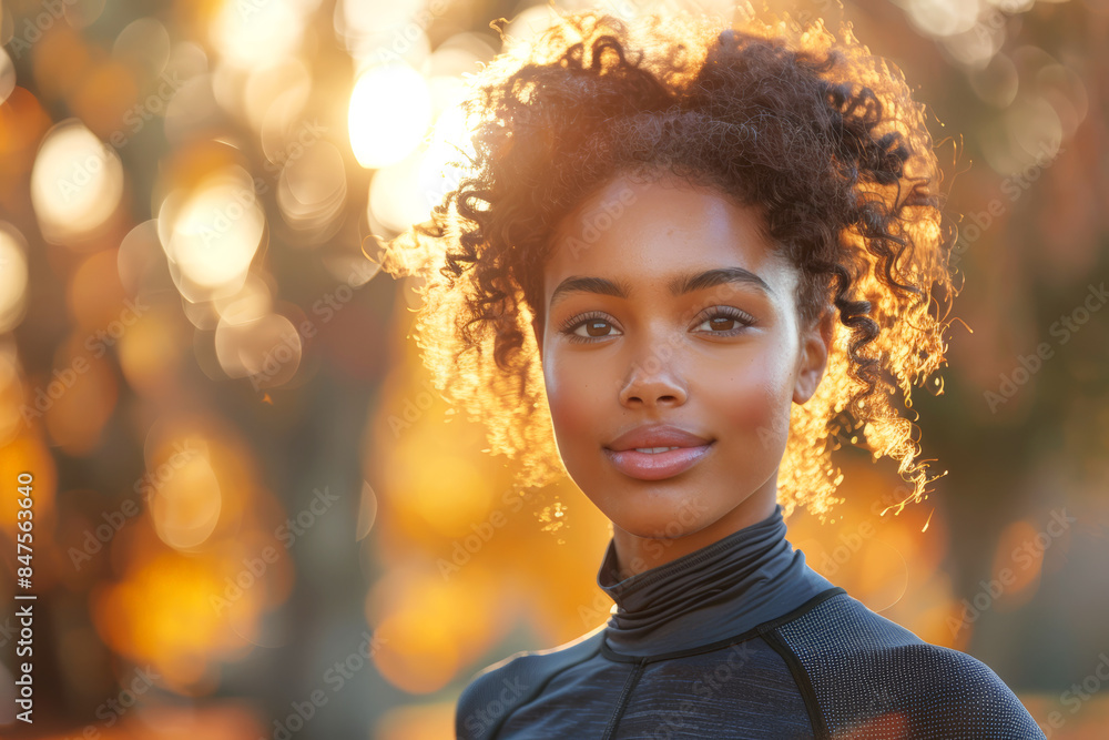 Young woman in a sports outfit with a serene expression and sunlight in the background. Young woman in a sports outfit with a serene expression and sunlight in the background.
