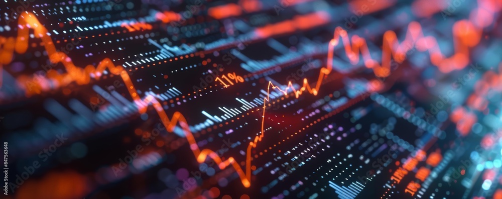 Financial graph with rising and falling trends on a screen, close-up, angled view, vibrant and detailed Financial graph with rising and falling trends on a screen, close-up, angled view, vibrant and detailed