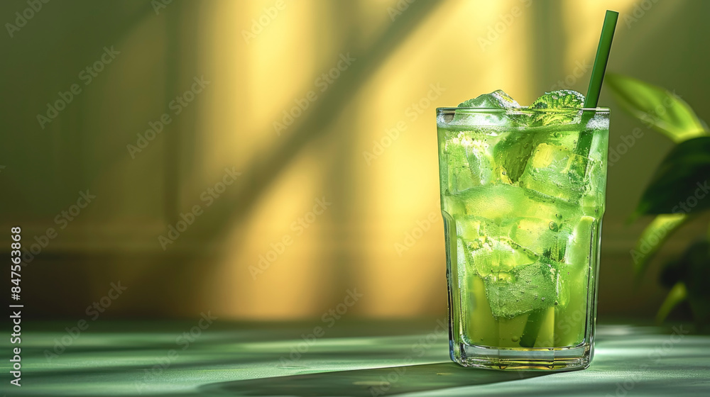Mojito cocktail with lime and mint on blurred green background, copy space. Mojito cocktail with lime and mint on blurred green background, copy space.