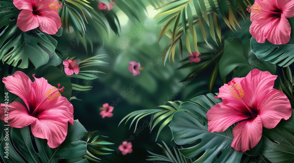 Vibrant Pink Hibiscus Flowers Blooming in Lush Tropical Foliage Vibrant Pink Hibiscus Flowers Blooming in Lush Tropical Foliage
