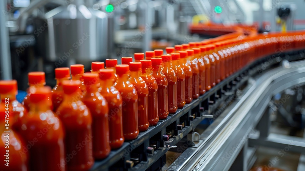 Fototapeta premium High-tech automated factory with robots producing Sriracha sauce, hygienic and spotless, reflecting Asian cuisine excellence