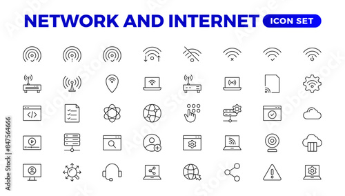 Set of Network and Internet outline icons. linear icon collection for online, computer, network, website, server, web design, hardware, software, and programming. Solid icons illustration collection.
