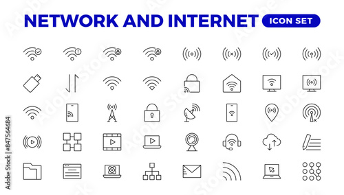 Set of Network and Internet outline icons. linear icon collection for online, computer, network, website, server, web design, hardware, software, and programming. Solid icons illustration collection.