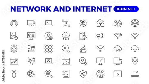 Set of Network and Internet outline icons. linear icon collection for online, computer, network, website, server, web design, hardware, software, and programming. Solid icons illustration collection.
