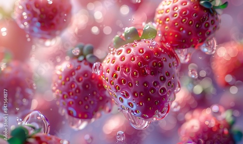 floating strawberries, rendered with realistic color schemes infused with light silver and pink tones, inspired by berrypunk elements. photo