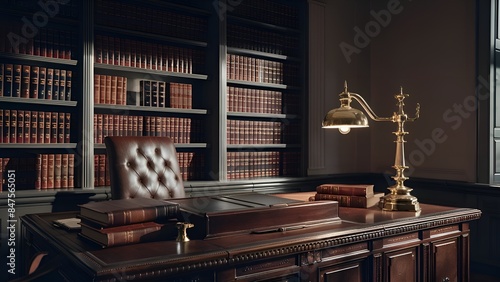 A sophisticated law office with a large oak desk, leather-bound law books, and a brass desk lamp