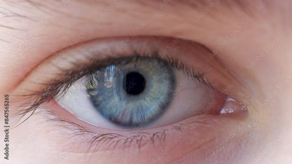 Close-up of Person's Eye With Blue Iris. Blue Eye of Child Looking at Camera Close Up. Macro Shot Opening and Closing Blue Eyes Little Girl. Motion of Children Eyes. Human Eye Iris Opening Pupil. Close-up of Person's Eye With Blue Iris. Blue Eye of Child Looking at Camera Close Up. Macro Shot Opening and Closing Blue Eyes Little Girl. Motion of Children Eyes. Human Eye Iris Opening Pupil.