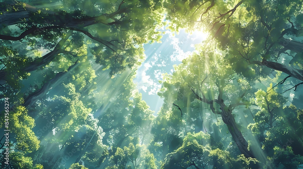 Lush Vibrant Forest Canopy with Sunlight Peeking Through in Watercolor Styled Scene Lush Vibrant Forest Canopy with Sunlight Peeking Through in Watercolor Styled Scene