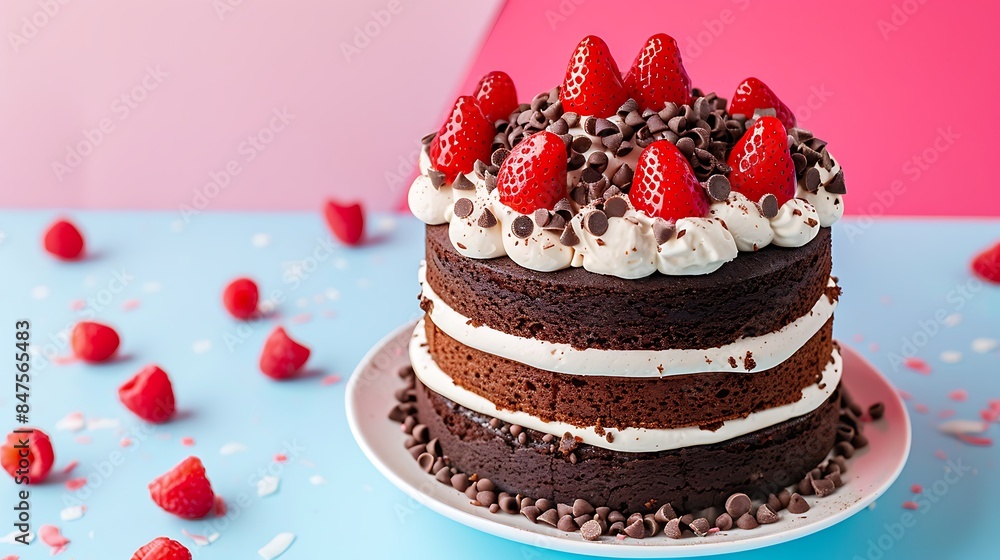 Chocolate cake with white and red cream isolated on colorful background Chocolate cake with white and red cream isolated on colorful background