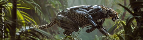 A robotic cheetah prowling through a dense jungle environment, showcasing the blend of nature and advanced technology. photo