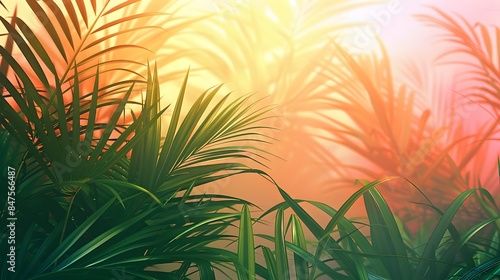 Tranquil Tropical Sunrise Through Lush Palms and Foliage with Soft Pastel Sky