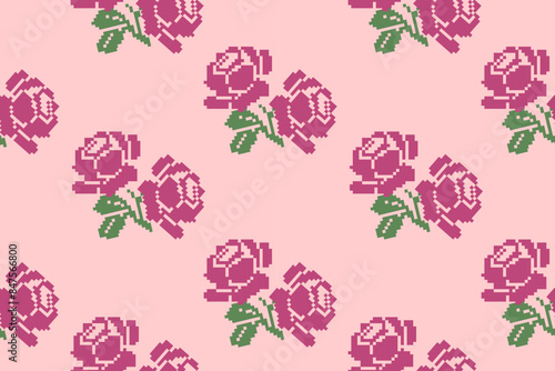 Beautiful seamless cross stitch pattern. Pink floral motif. Traditional background. Aztec style. Abstract. Vector. Illustration. Design for texture, fabric, clothing, wrapping, decoration, carpet.