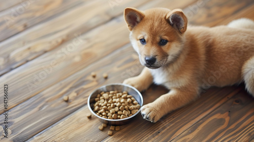 餌の入ったお皿を前にこちらを見つめてくる柴犬の子犬