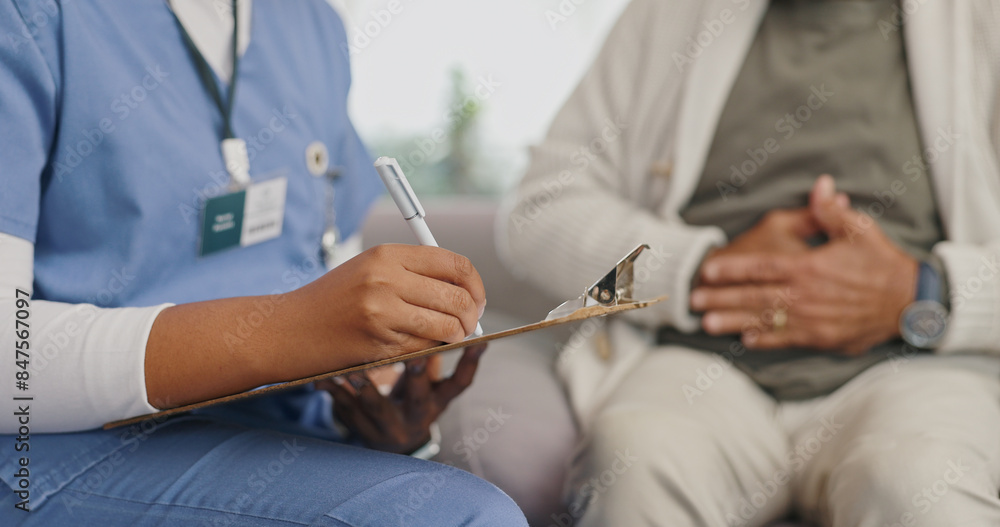 © Charlize Davids/peopleimages.com - Hands, senior person and nurse with clipboard, consultation and questions for medical information. Clinic, elderly patient and caregiver for arthritis, alzheimer or healthcare progress with checklist