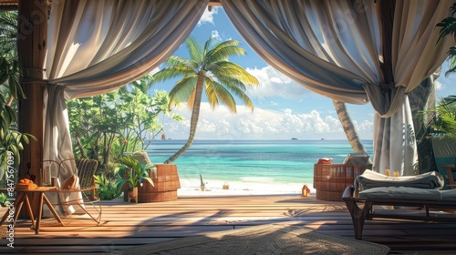 beautiful view from the terrace to the beach tropics sea 3D wallpaper