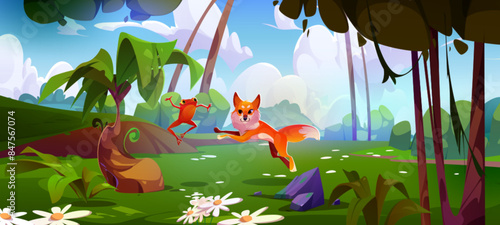 Cute orange furry fox and red frog with smiling face happy jumping together in forest. Cartoon vector wild animals friends having fun in woodland with trees and daisy flowers on green grass.