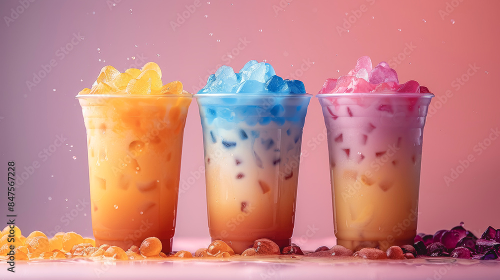 Three glasses with colored refreshing summer drinks. Three glasses with colored refreshing summer drinks.