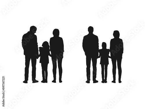 back view family standing silhouettes vector. Vector silhouettes of group of young people with children in their arms. people look to the future. vector illustration isolated on white background.