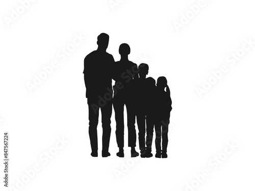 back view family standing silhouettes vector. Vector silhouettes of group of young people with children in their arms. people look to the future. vector illustration isolated on white background.