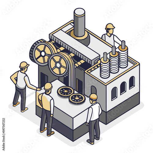 Isometric Illustration of an Engineer Maintaining a Machine: Industrial Worker Fixing Equipment in Factory, Isolated Vector






