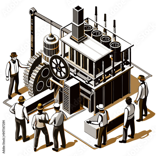 Isometric Illustration of an Engineer Maintaining a Machine: Industrial Worker Fixing Equipment in Factory, Isolated Vector






