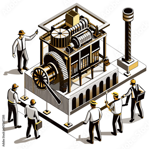 Isometric Illustration of an Engineer Maintaining a Machine: Industrial Worker Fixing Equipment in Factory, Isolated Vector






