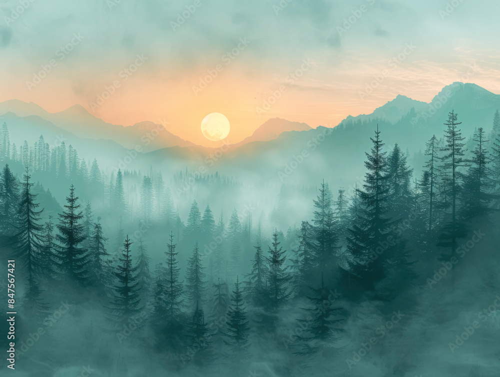 Obraz premium Beautiful dark blue mountain landscape with fog and forest.