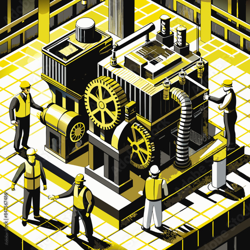 Isometric Illustration of an Engineer Maintaining a Machine: Industrial Worker Fixing Equipment in Factory, Isolated Vector






