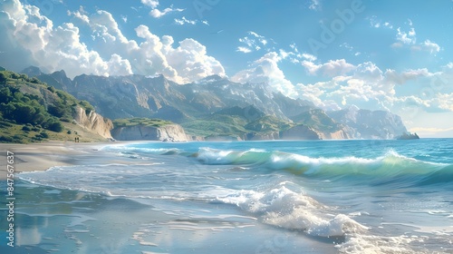 Majestic Coastal Landscape with Sparkling Ocean Waves and Rocky Cliffs under Vivid Blue Sky