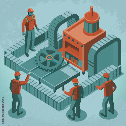 Isometric Illustration of an Engineer Maintaining a Machine: Industrial Worker Fixing Equipment in Factory, Isolated Vector






