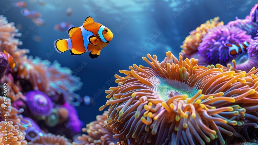 Fototapeta premium Clownfish swimming on anemone underwater coral reef background. colorful coral reef landscape