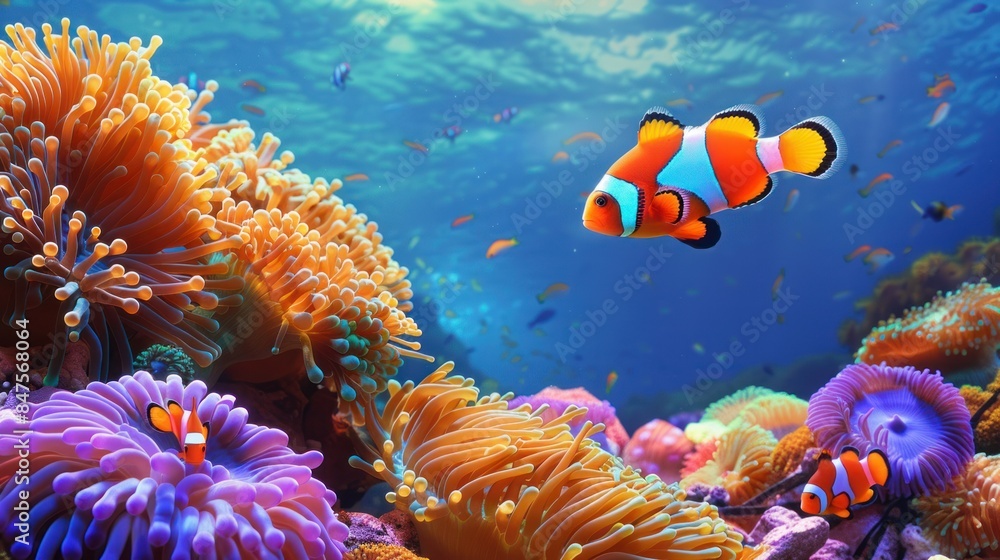 Fototapeta premium Clownfish swimming on anemone underwater coral reef background. colorful coral reef landscape