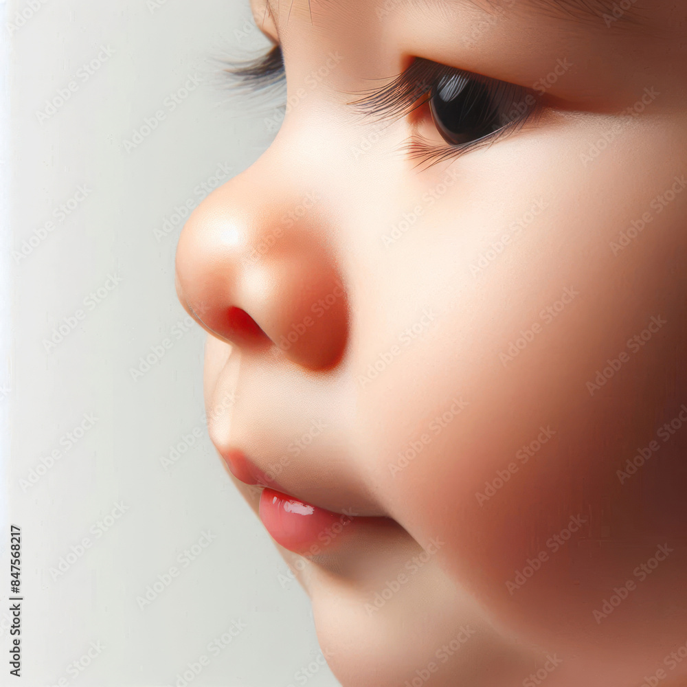 Close up of a little baby nose sniffing Isolated on white background Close up of a little baby nose sniffing Isolated on white background