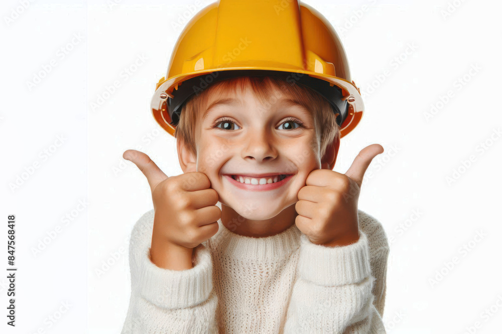 Funny child Portrait in a safety construction helmet Isolated on white background Funny child Portrait in a safety construction helmet Isolated on white background