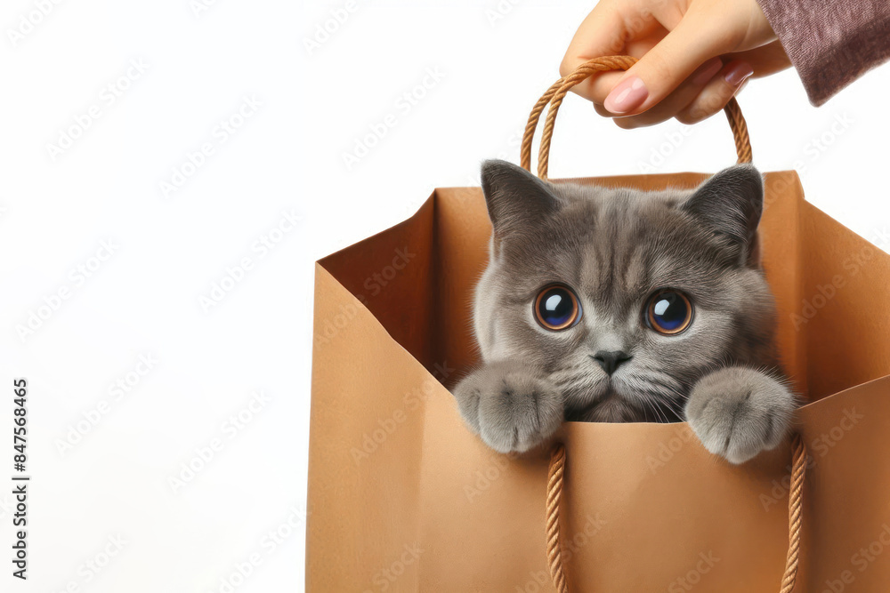Funny cat peeking out of a shopping bag Isolated