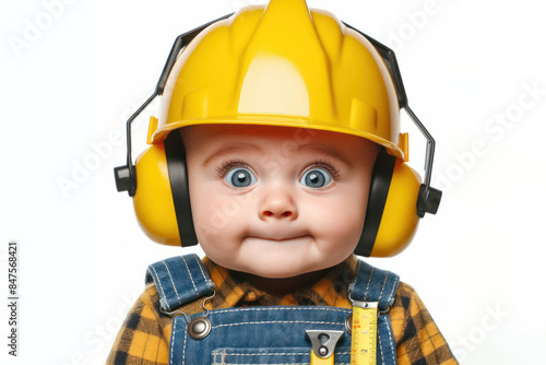 Funny child Portrait in a safety construction helmet Isolated on white background