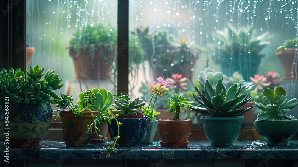 This captivating image depicts a collection of lush potted succulents bathed in the soft light filtering through a rain-spattered window, creating a tranquil ambiance that invites viewers to pause This captivating image depicts a collection of lush potted succulents bathed in the soft light filtering through a rain-spattered window, creating a tranquil ambiance that invites viewers to pause