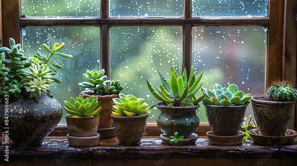 A charming composition showcasing a variety of succulent plants arranged in rustic pots, nestled near a windowpane adorned with raindrops, offering a serene glimpse into a cozy indoor sanctuary A charming composition showcasing a variety of succulent plants arranged in rustic pots, nestled near a windowpane adorned with raindrops, offering a serene glimpse into a cozy indoor sanctuary