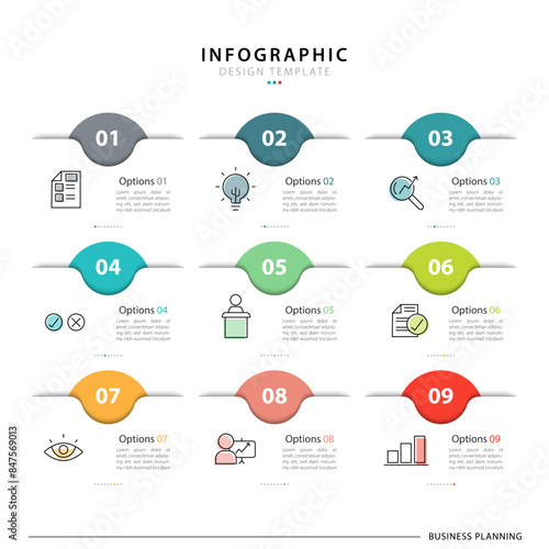 Infographic design template. Timeline concept with 9 options or steps template. layout, diagram, annual, report, presentation. Vector illustration.